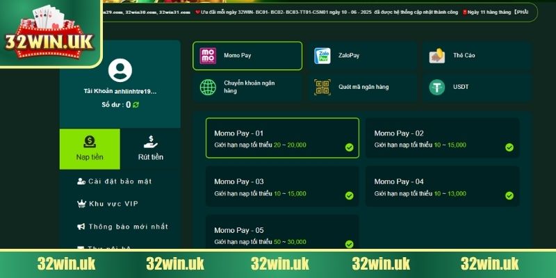 Điều kiện cần biết để thực hiện việc nạp tiền 32WIN